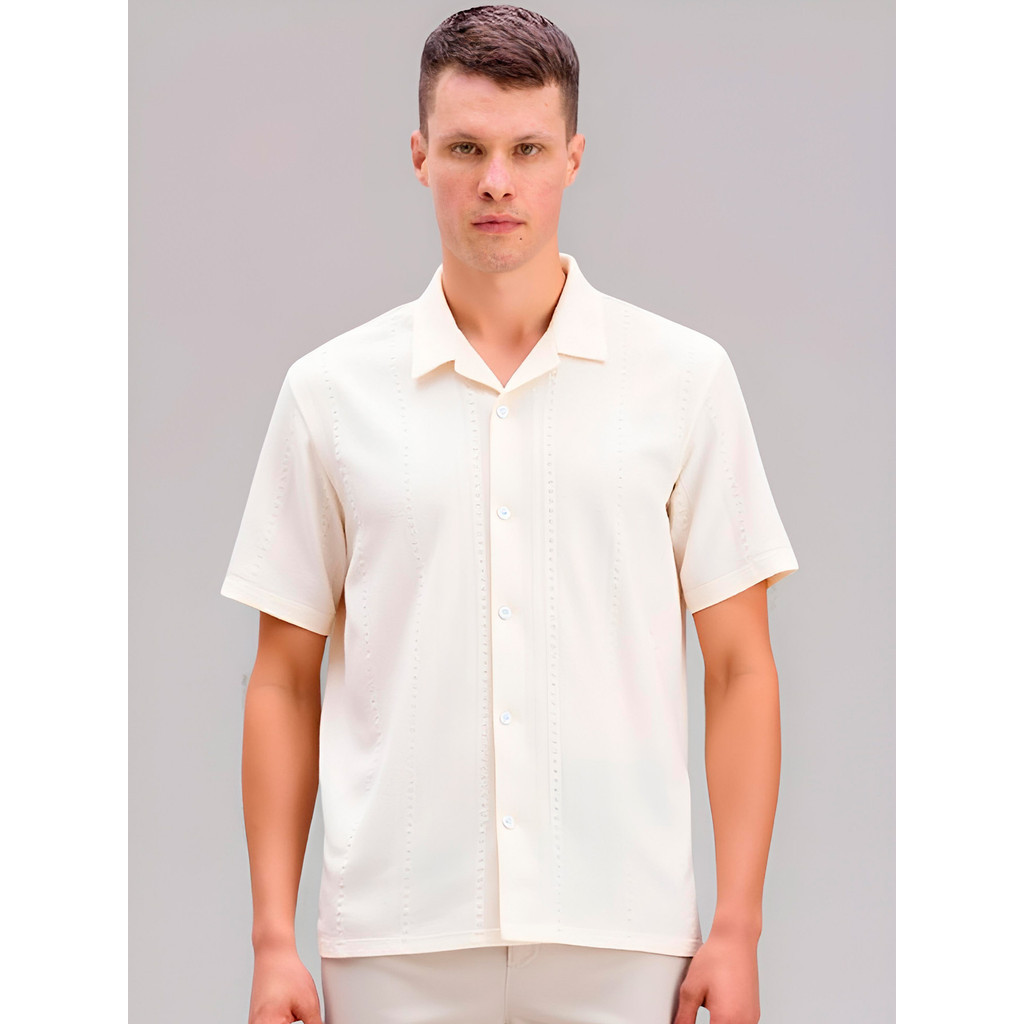 amisa Masculina Manga Curta Patchwork Texturizada Camisa Social Casual com Botões | Moda Masculina