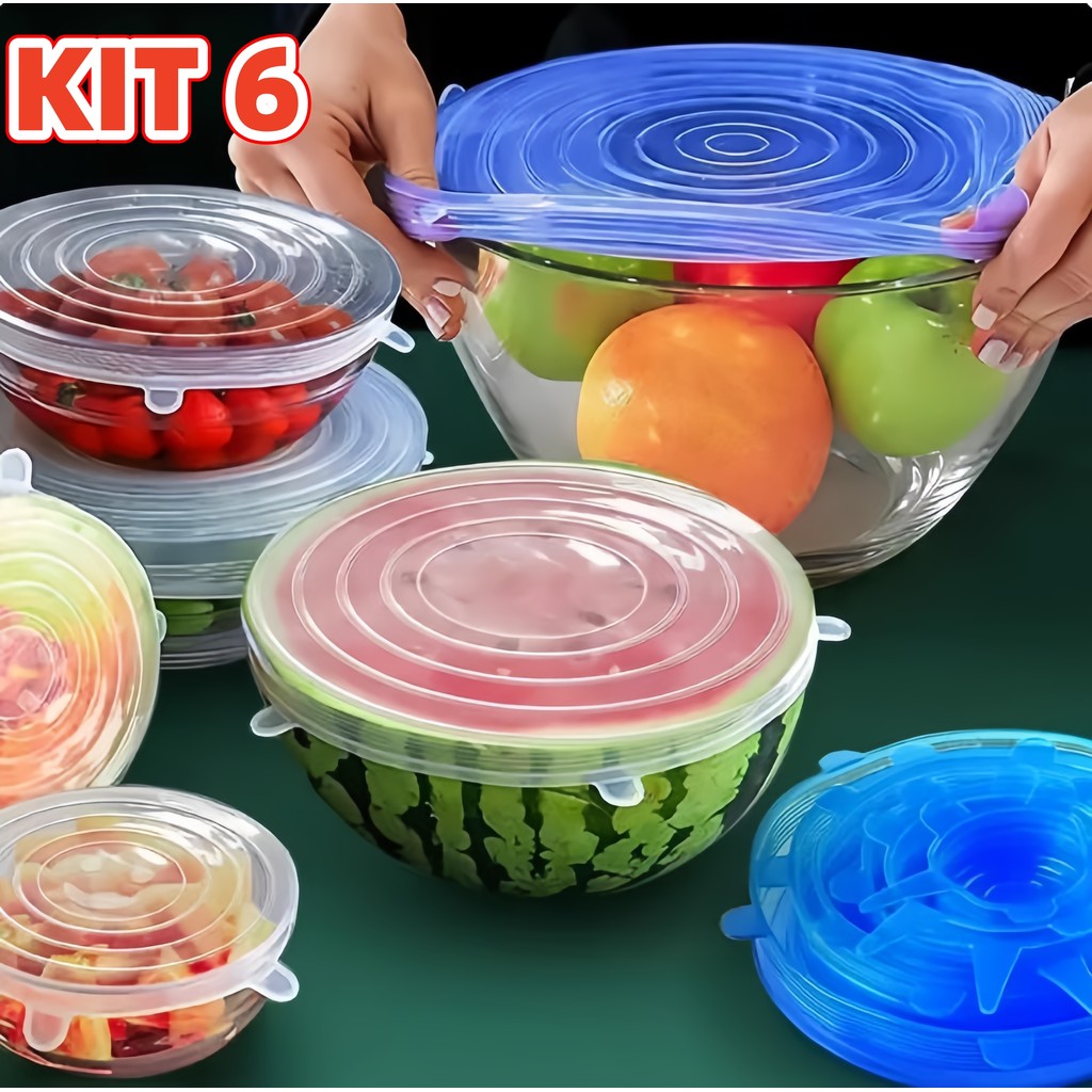 Kit 3/2/1 - 6 Tampa De Silicone Flexível Universal Reutilizável Elástica Tampas Silicone Cozinha Geladeira