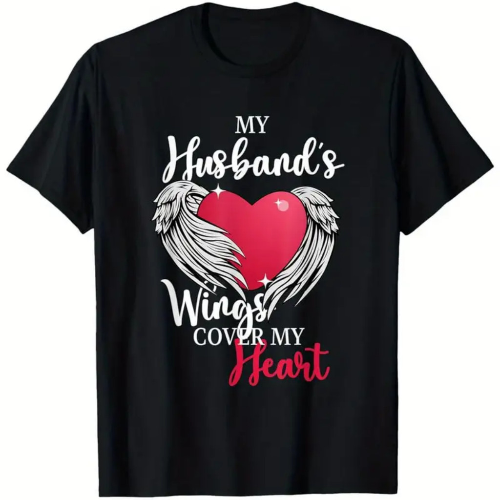 Camiseta de corazón vintage para hombres "Mi esposo tiene alas" - Diseño de recuerdo con gráficos de alas y corazón,