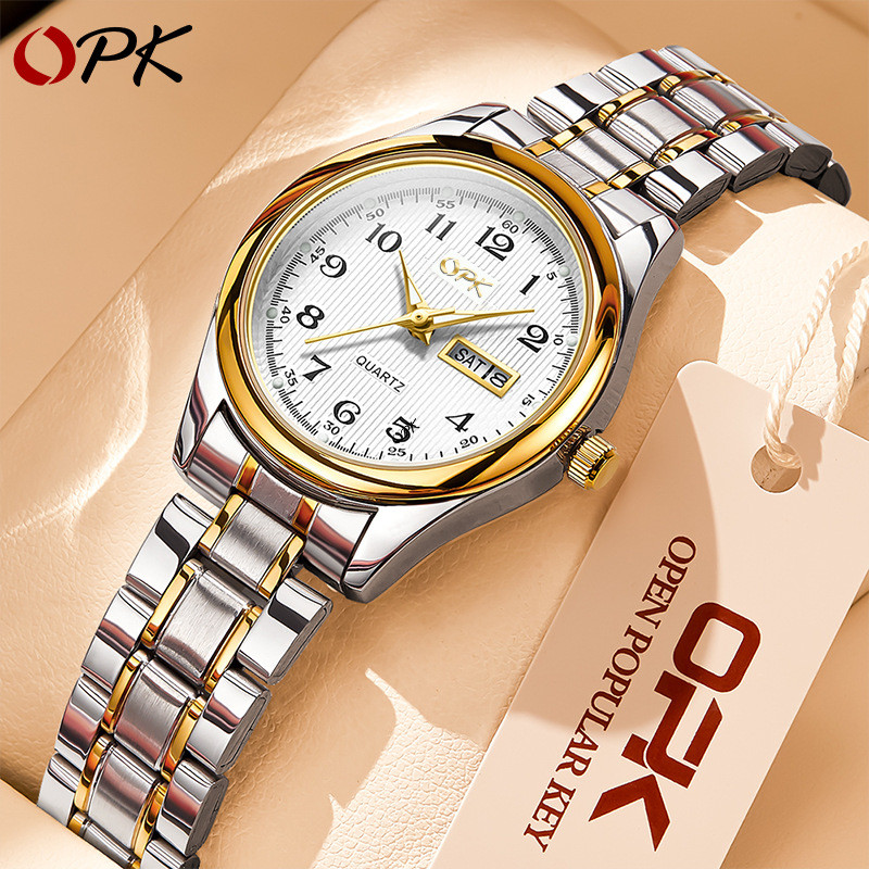 OPK Relógio Feminino De Quartzo Original De Aço Inoxidável À Prova D'água Com Calendário Luminoso Moda Prata Ouro 8110 em Oferta na Shopee
