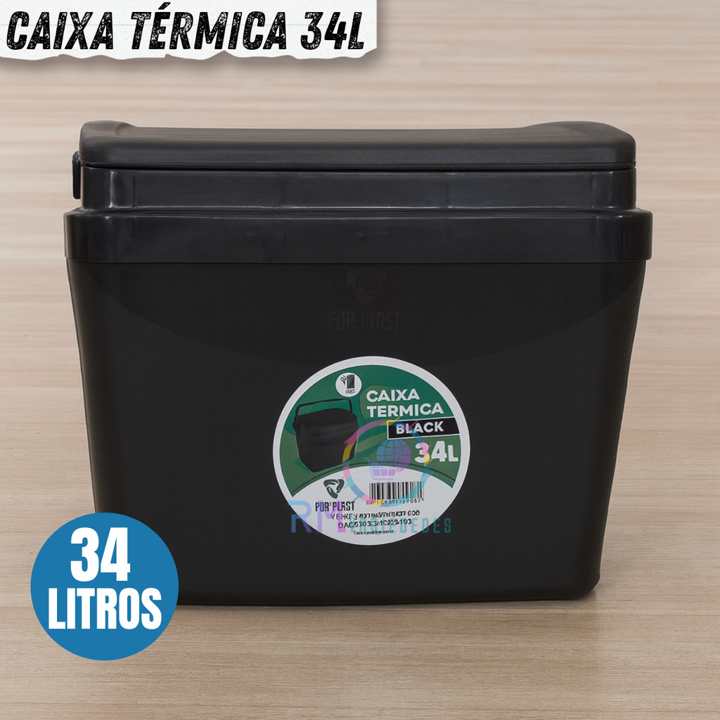 Caixa Térmica Resistente Cooler Com Alça 34 Litros Black Porta Copos Praia Camping