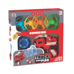 Brinquedo Infantil Truck Giro Pião Bombeiro com 6 Peças Braskit Criança Presente Carro Carrinho