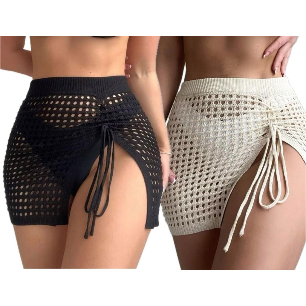 Kit 2 Saídas de Praia Saia Tricô Crochê Com Cordão Lateral Feminina Moda Verão em Oferta na Shopee