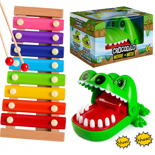 Kit Com 2 Xilofone Infantil Brinquedo + Jogo Croc Croc Crocodilo Morde Dedo