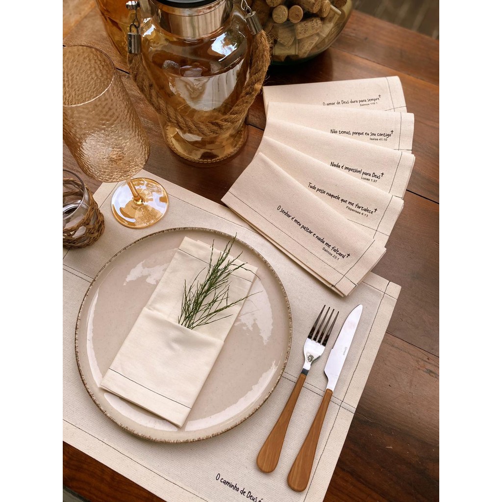 Kit Jogo Americano Mesa Posta 6 Lugares Elegante Luxo Decorado Versículos Bíblicos Algodão Natural