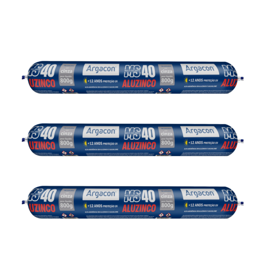 Kit 3 Selante Aluzinco Argacon MS40 Cinza 800g PU Alta Aderência