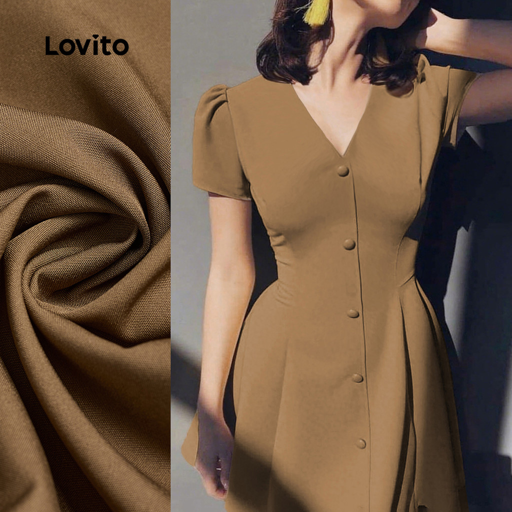 (NEW) Lovito Vestido Elegante com Botão Primavera/verão em Caqui para Mulheres L150AD726