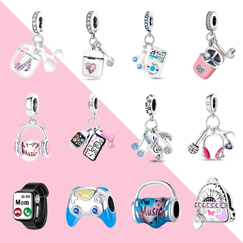100% S925 prata esterlina charme música fone de ouvido moda contas adequadas para pulseiras e colares jóias DIY