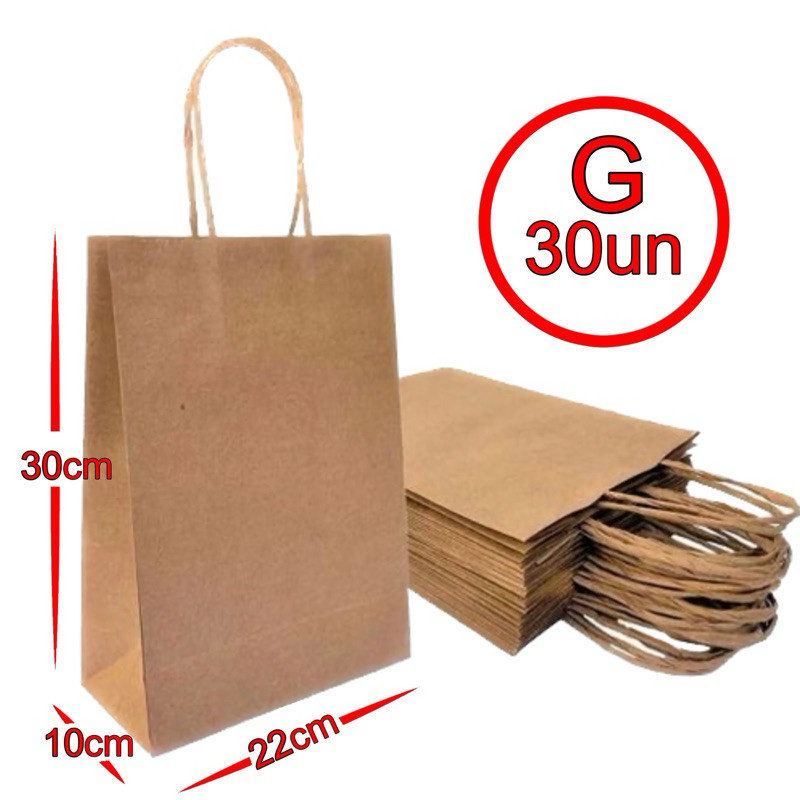 sacola de Papel Kraft Natural G 30x22x10cm 30 Unidades em Oferta na Shopee