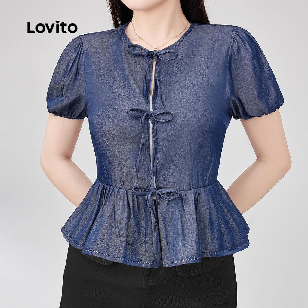 Detalhes do Blusa Feminina Casual em Denim com Laço Traseiro Azul Marinho - Lovito L144AD017