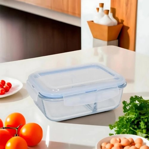 Pote Hermético Retangular Com Divisória Vidro Transparente Organização Conservação Alimentos