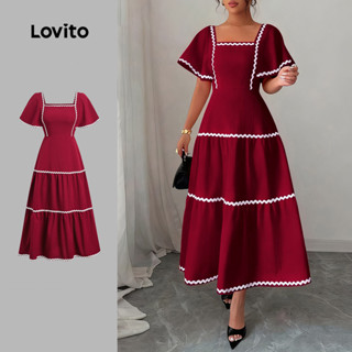 (NEW) Lovito Vestido Elegante com Trança Babado Primavera/verão Vestido Vermelho para mulheres LBL29338 em Oferta na Shopee