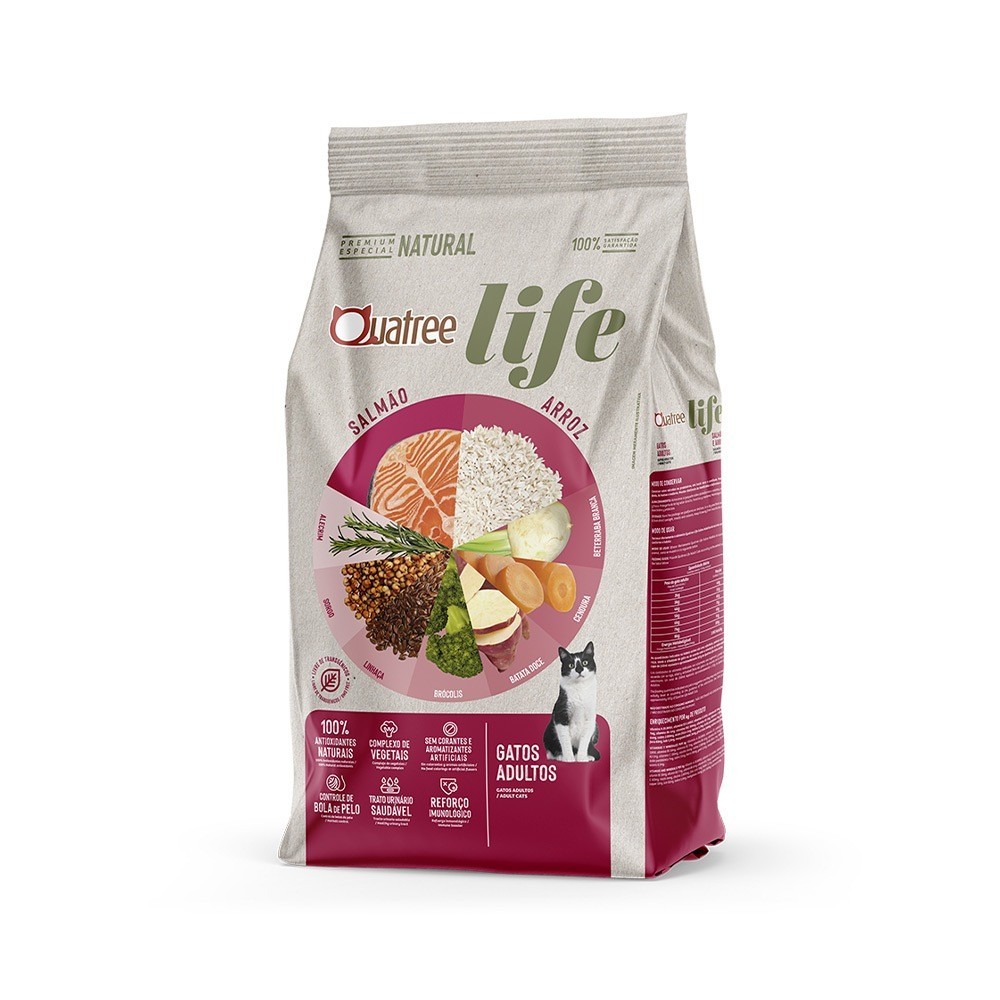 Ração Quatree Life para Gatos Adultos Sabor Salmão e Arroz 3KG (Não Castrado)
