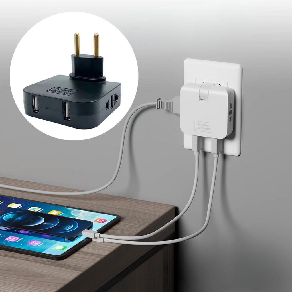 Tomada Adaptador Benjamin Dobrável 10A com 2 Entradas Tomada e Duplo USB 10A