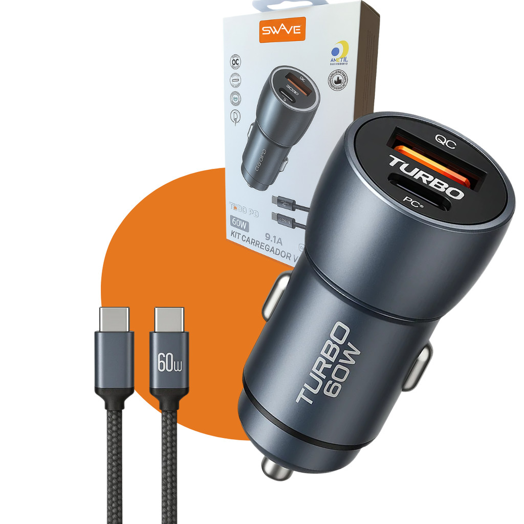 Carregador Veicular Turbo 60W Kit Com Cabo 2 Saídas USB + Tipo C (USB-C) Super Rápido em Oferta na Shopee