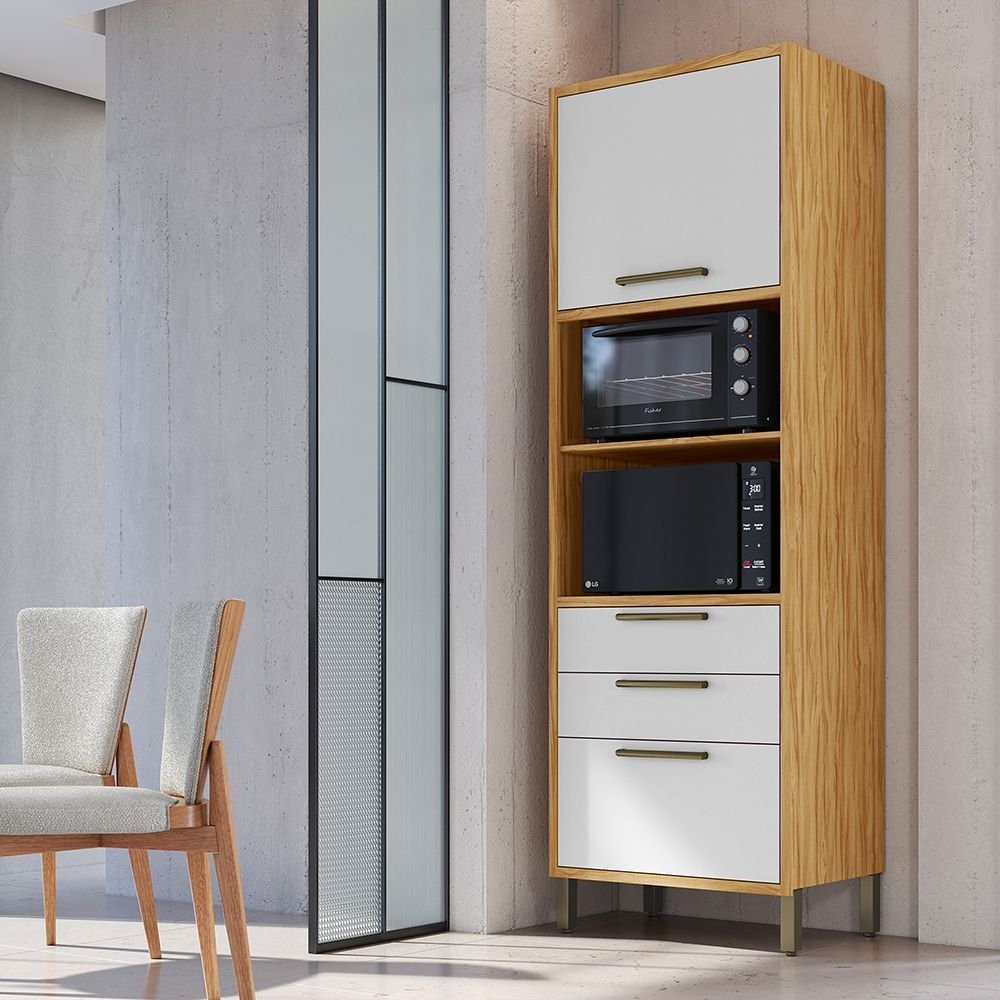 Paneleiro Torre Quente com 2 Portas 2 Gavetas e Espaço Micro-ondas 100% MDF Vicenza Espresso Móveis Amêndoa/Branco em Oferta na Shopee