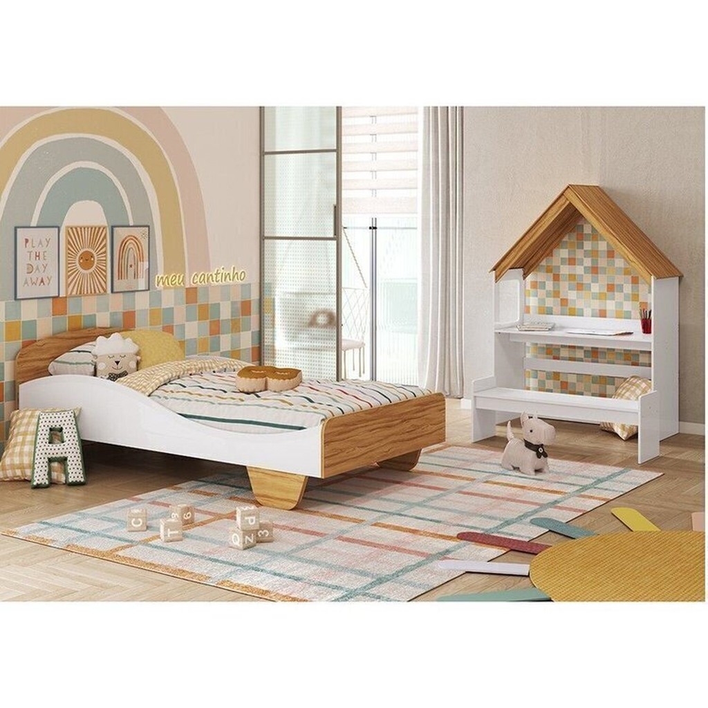 Quarto Infantil com Cama Mesa Casinha e Banco Olívia 100% MDF Espresso Móveis Branco/Brilho/Amêndoa Branco
