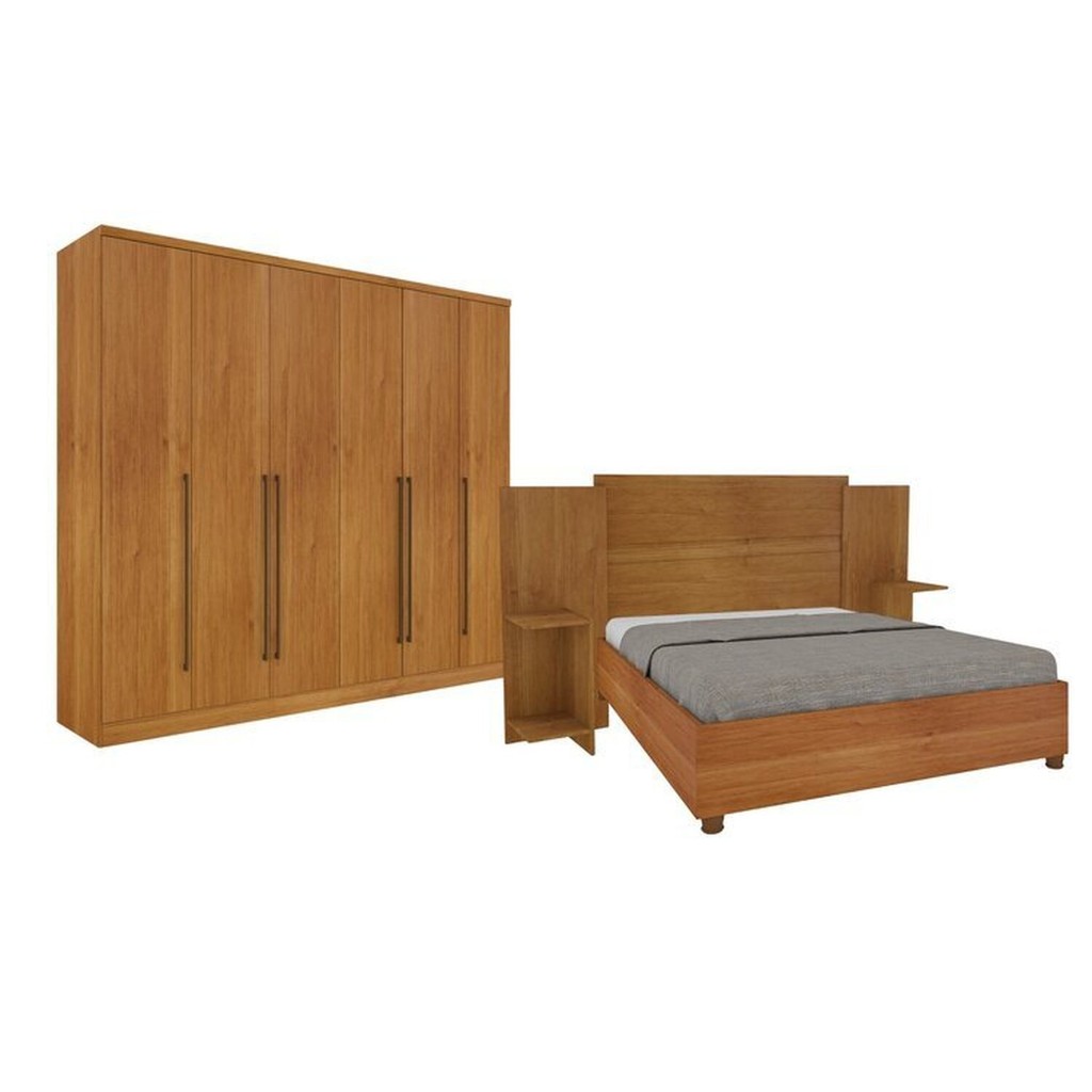 Quarto de Casal Guarda-roupa 6 Portas Portugal e Cama Box Casal Monaco com Painel Espresso Móveis Cinamomo