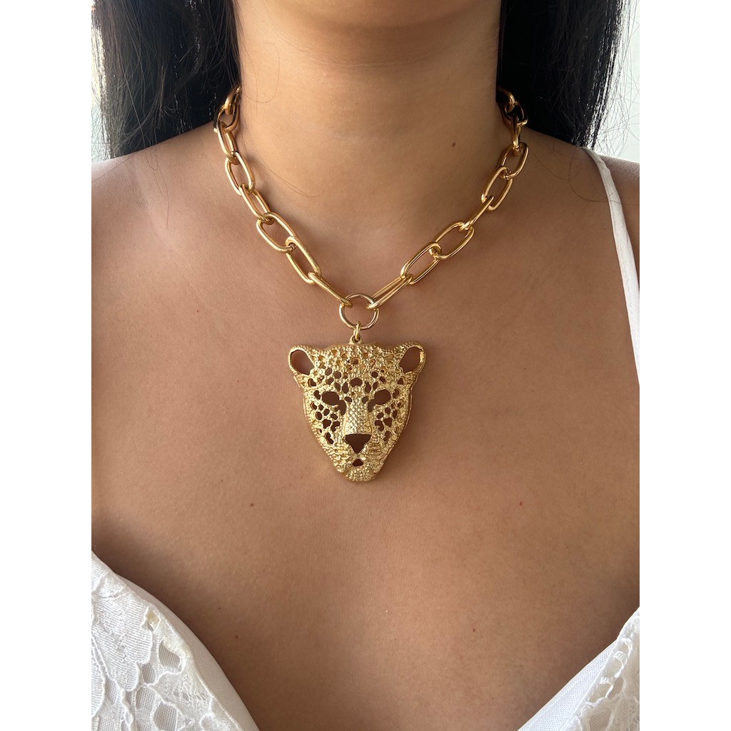 Colar de onça 3D maxi colar folheado a ouro 18k choker luxo  corrente grossa  dourada  tigre pantera