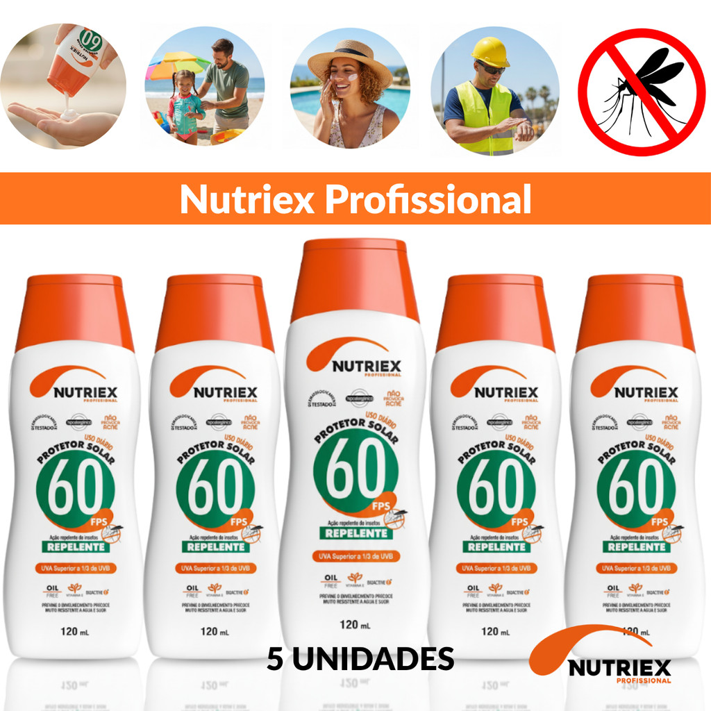 Kit 5 Protetores Nutriex FPS60 Repelente 120ml Proteção Solar Alta + Repelência