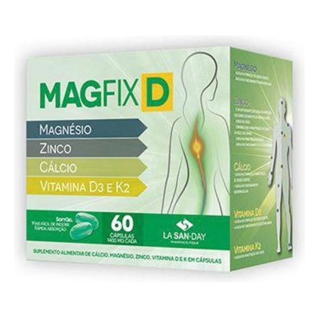 Magfix D 60 Cáps Magnésio Zinco Cálcio D3 K2 La San Day