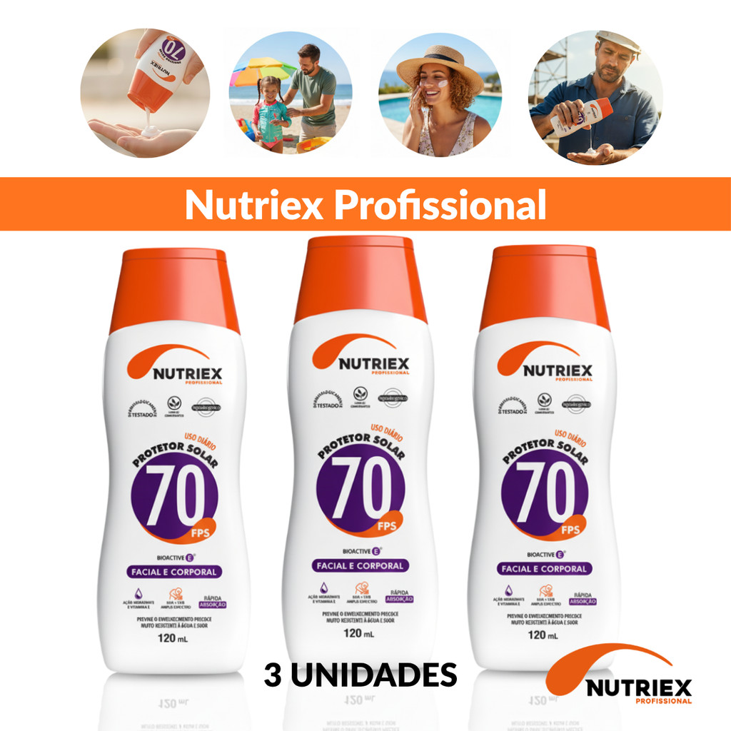 Kit 3 Unidades Protetor Solar Nutriex FPS70 120ml Facial Corporal Resistente Água e Suor em Oferta na Shopee