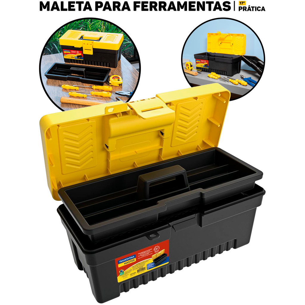 Caixa De Ferramentas Tramontina 17" Bandeja Removível Travas Plásticas P/ Organizar Ferramentas em Oferta na Shopee