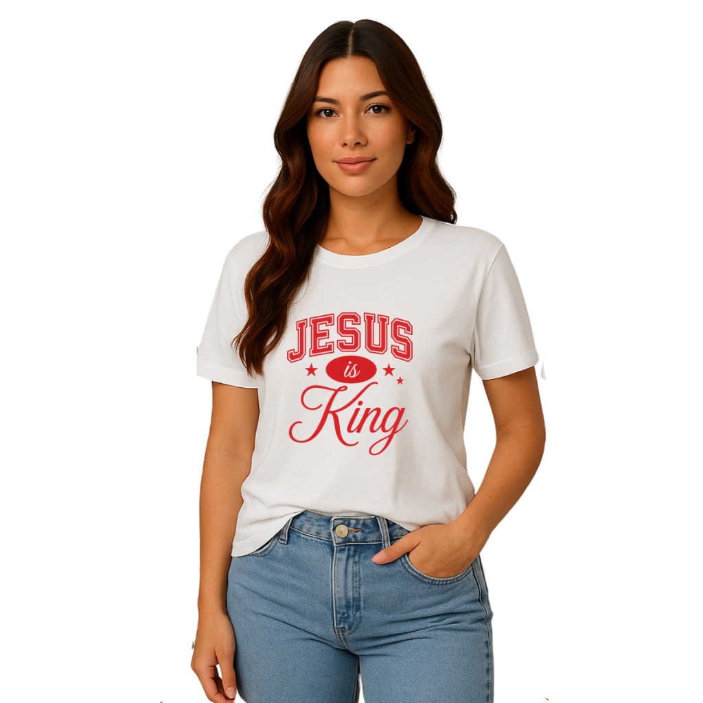 Camiseta Feminina Cristã Branca Estampada Jesus is King Gospel Evangélica Algodão Básica Casual