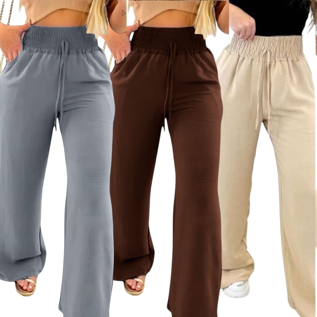 Kit 2 Calça Pantalona Feminina Com Bolso Tecido Duna elástico na cintura calça flare folgadinha