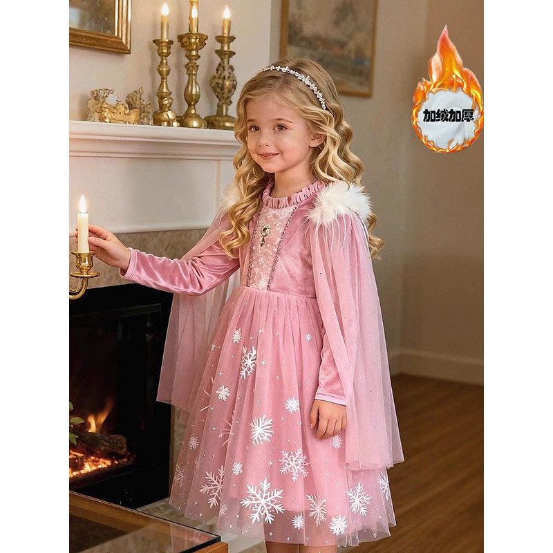 Meninas Elsa Princesa Vestido Outono Inverno Forro de Lã Manga Comprida Rosa Elsa Pettiskirt com Xale Vestido Floco de N