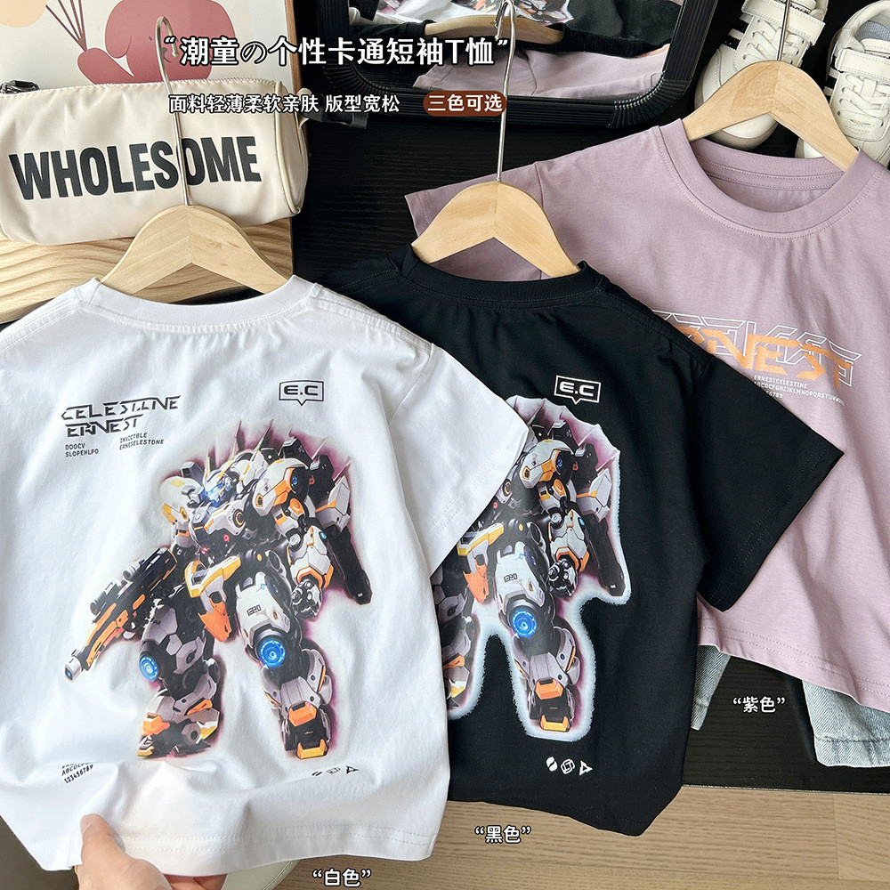 2026 verão crianças camiseta de manga curta meninos estudantes Mecha guerreiro impressão solta algodão meia manga topo
