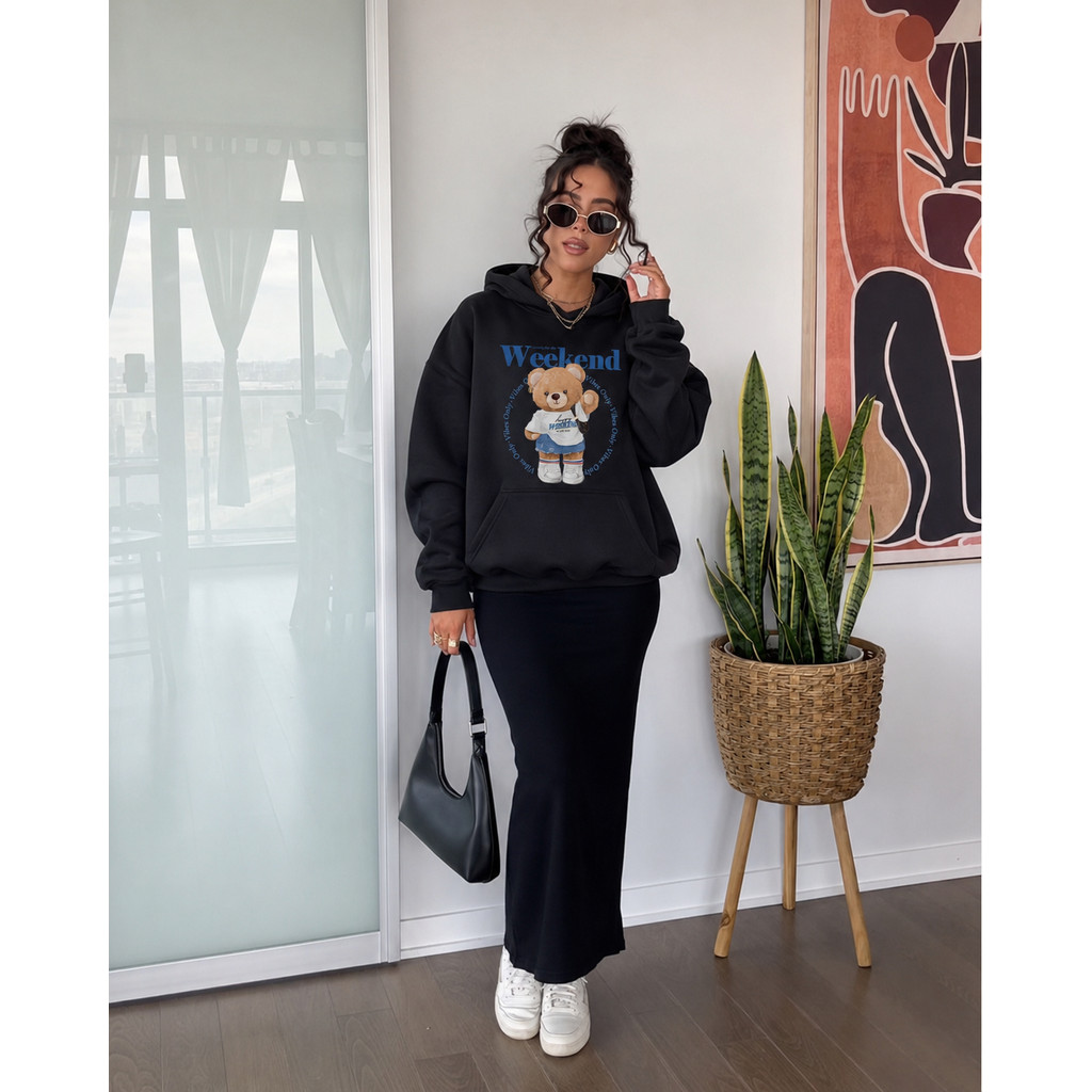 Moletom Feminino Ursinho Weekend com Capuz e Bolso Canguru Flanelado Quentinho Casual Estampado Confortável