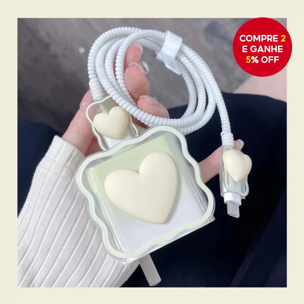 Capa Protetora Fofa 5 EM 1 para Cabo de Carregador & Fonte Completa com Coração e Laço para Carregador IPHONE 18&20W
