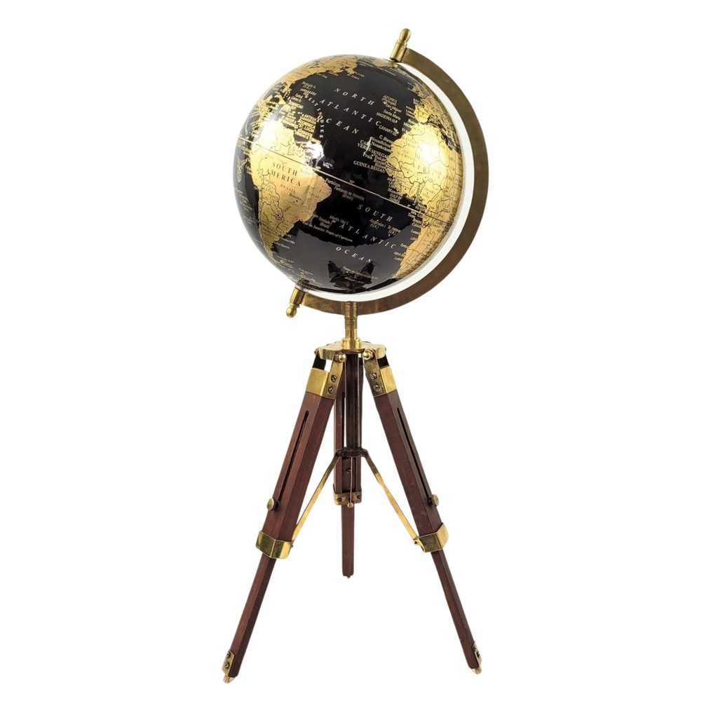 Globo Terrestre Decorativo Tripé Preto E Dourado 58cm