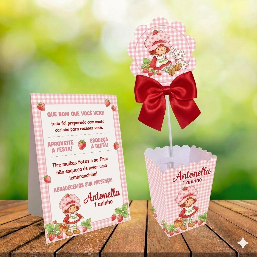 Kit Centro de mesa + Plaquinha de mesa MORANGUINHO VINTAGE ANTIGA ANOS 80 90  Personalizado - PEGUE E MONTE