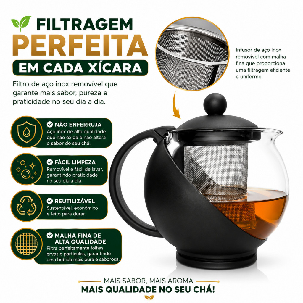 Detalhes do Chaleira de Vidro 1,250 Litros 1/2/3/4 com Infusor Inox Removível Premium para Chá e Infusões Resistente ao Calor
