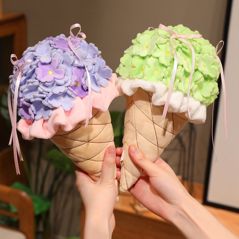 Cute Ice Cream Cone Hydrangea Bouquet Plush Flower Handheld Artificial Flower Doll Romantic Gift For Valentine Birthday