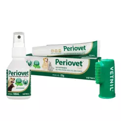 Kit Escovação Bucal P/ Cães Periovet Gel e Spray C/ Dedeira