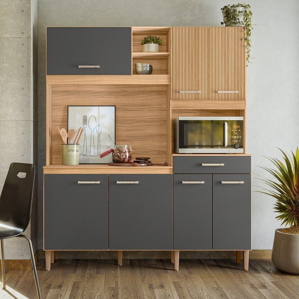 Armário de Cozinha Compacta 7 Portas 1 Gaveta Yara Cinza/Freijo/Chumbo Freijó/Chumbo