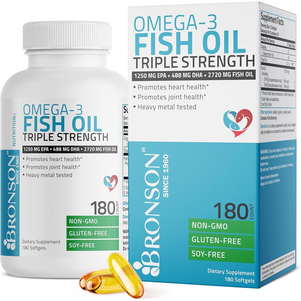 Óleo de Peixe Omega 3 Bronson, Tripla Potência 2720 mg, Alto Teor de EPA 1250 mg, DHA 488 mg, Sem OGM, Testado para Meta