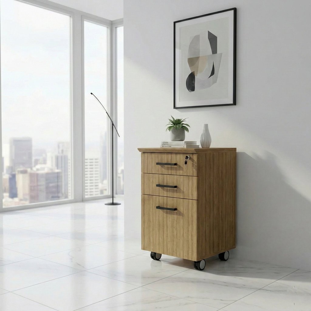 Gaveteiro Arquivo 3 Gavetas 45,8cm com Rodízio e Chave Tampo 25mm Office Marrom/Amêndoa/Preto