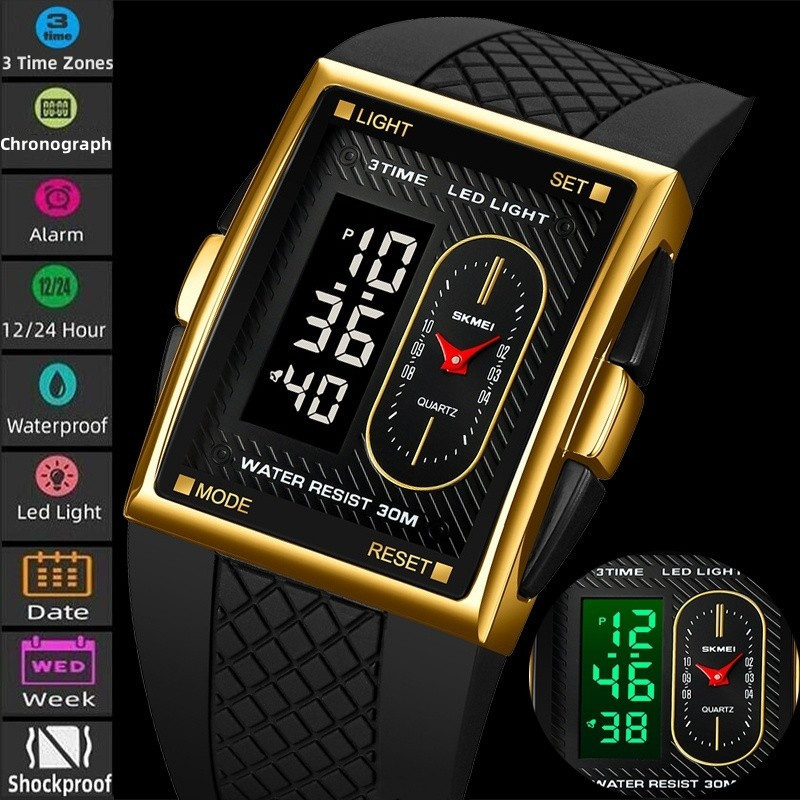 Relógio esportivo Skmei, possui três fusos horários, pulseira de TPU, resistência à água de 3 bar, luz LED, display anal