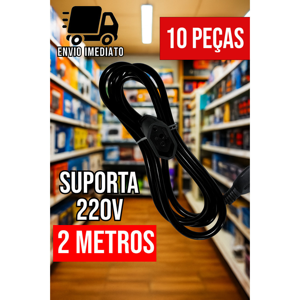 Kit 10 Prolongador Preto Extensão Elétrica Extensor de Cabo 2 Metros e Bivolt 110v e 220v