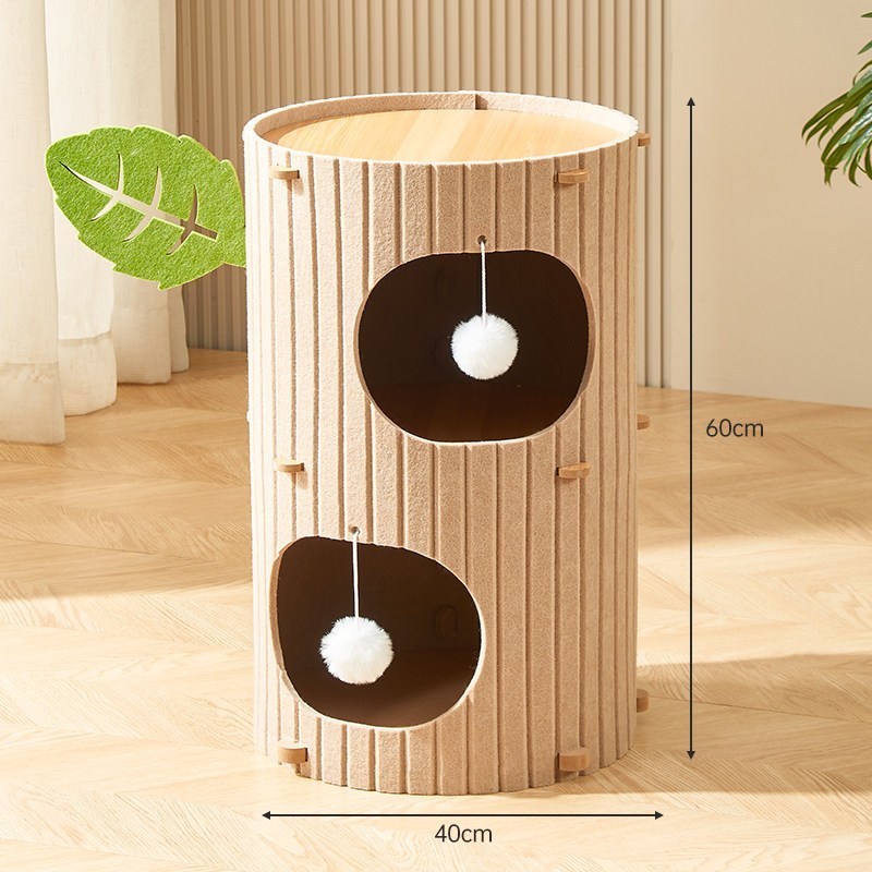 Casa de Gato em Feltro Forma Tronco Duplo Andar, Abrigo Multiuso com Brinquedo de Pompom para Diversão Felina