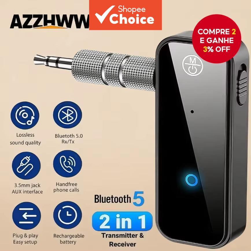  Adaptador Bluetooth 6.0 AUX 3,5mm 2 em 1 Receptor/Transmissor para Caixas de Som Automotivas, Fones de Ouvido, Tablets,
