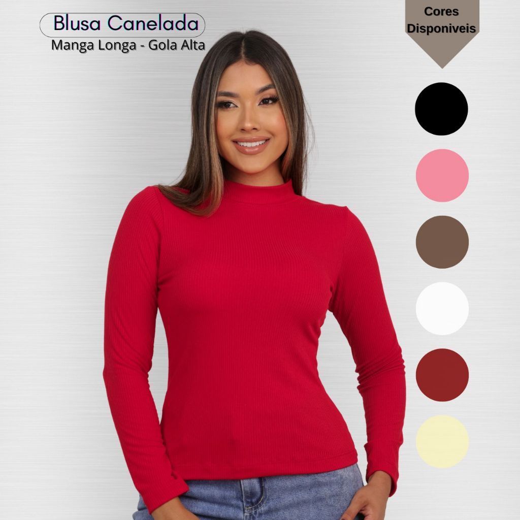 Blusa Feminina Canelada Gola Alta Manga Longa Comprida Cacharrel Segunda Pele Básica Moda Outuno Inverno