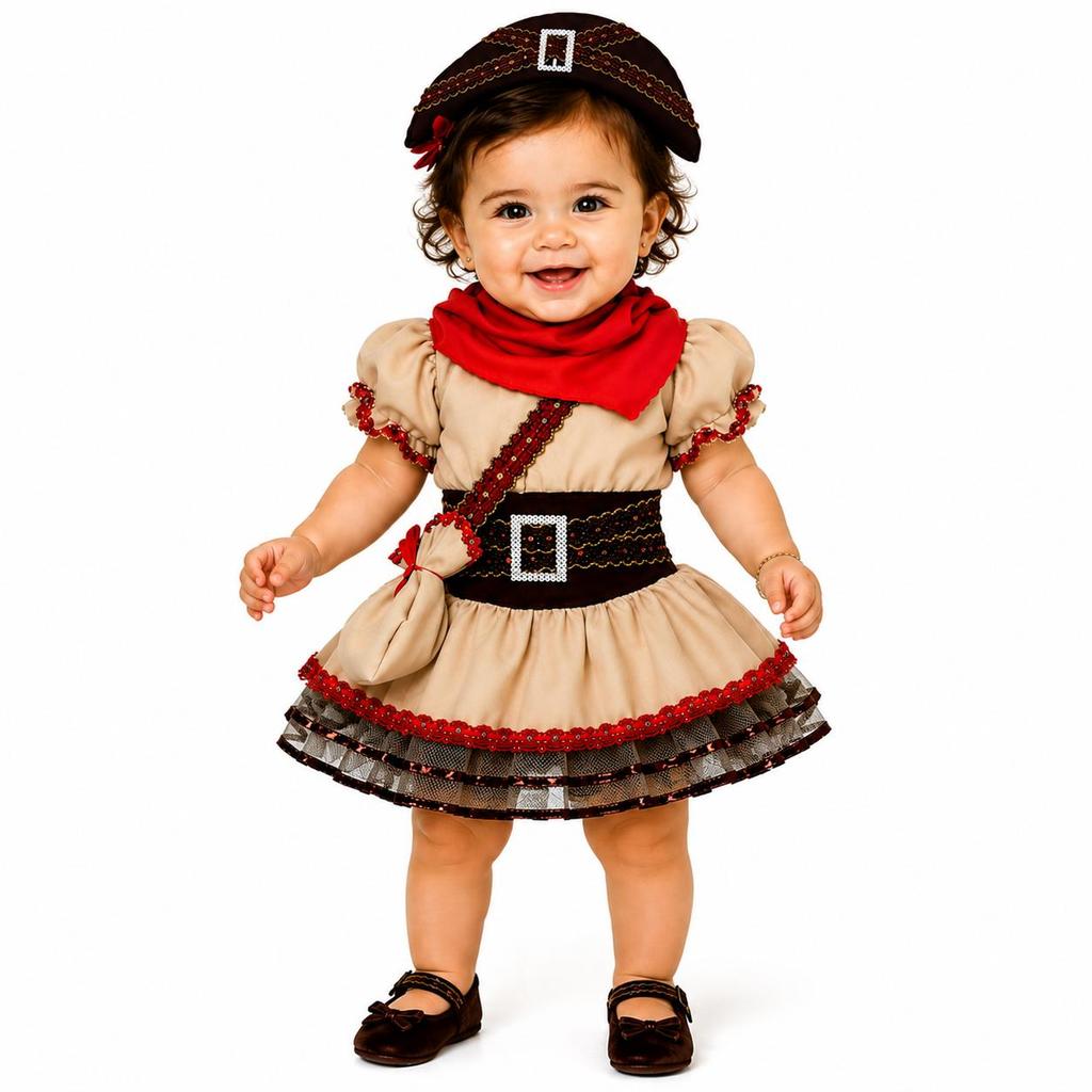 Vestido Maria Bonita Bebe Menina Roupa Fantasia Cangaceira de Luxo com Chapéu e Bolsa pra Festa Junina