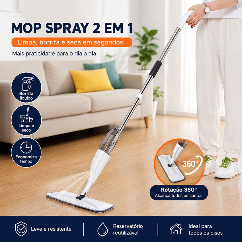 Mop Spray 2 em 1 com Reservatório Reutilizável Limpeza Multiuso para Todos os Pisos