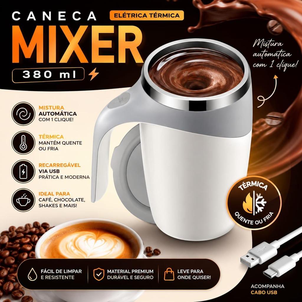 Caneca Mixer Elétrica Térmica 380ml Mistura Automática a Pilha Café Chocolate Whey Shake Sem Colher