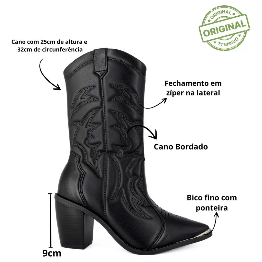Bota Texana Vizzano  Rodeio Boiadeira Feminina Country Bico Fino Salto Grosso Cano Médio Ana Castela